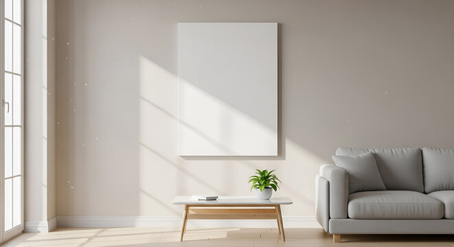 canvas mockup hanging in bright living room with blank canvas and airy space