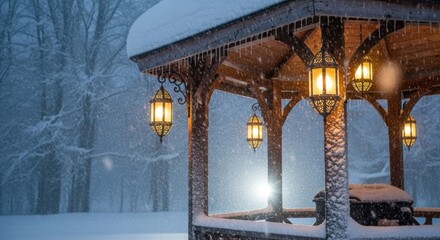 Enchanting winter wonderland with glowing lanterns illuminating a snow-covered gazebo during a peaceful snowfall, perfect for holiday season themes