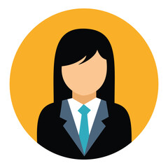 Circular avatar icon of a business woman or professional executive wearing a suit and tie, symbolizing corporate, office, and career concepts