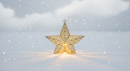Warm glowing golden Christmas star lantern standing on soft snowy ground with gentle falling snow creating a peaceful bright winter holiday mood