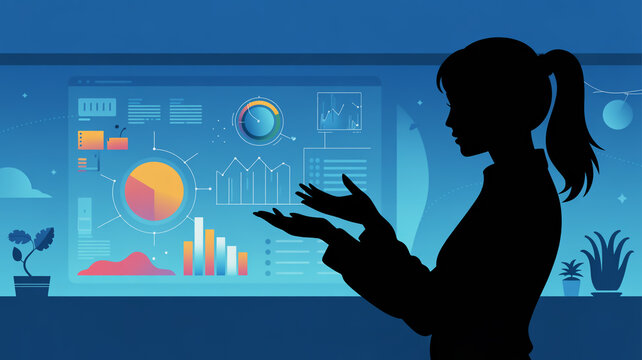 Businesswoman presenting data analysis and financial charts on screen