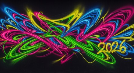 Vibrant 2026 Celebration Neon Glow Trails on Dark Backdrop - Perfect for New Year's Eve, Party Invitations, or Futuristic Design Concepts