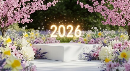 Illuminated 2026 numbers glowing brightly above a white marble pedestal surrounded by a vibrant spring garden filled with blooming pink cherry blossoms and colorful flowers