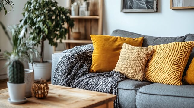 Stylish boho living room interior with gray sofa, wooden coffee table, honey yellow pillow, plaid throw, elegant commode and cozy home decor accessorie