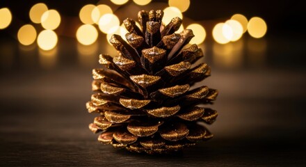Sparkling golden pinecone glowing with holiday magic, perfect for Christmas cards or winter celebrations with warm bokeh lights and cozy festive cheer