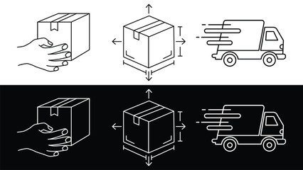 Package handling measurement and fast delivery truck icon set
