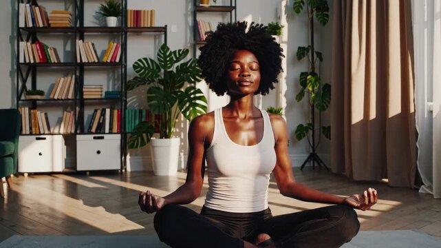 African american black woman practices mindfulness meditation in a sunny living room filled with plants and bookshelves. She focuses on her breath, promoting relaxation and inner peace.