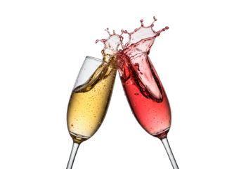 two crystal flutes clinking, splashing intensely golden and vibrant pink champagne frozen mid-air, highlighted by dramatic rim lighting on a transparent background. concept for luxury beverage