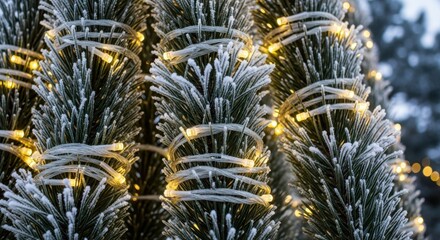 Magical winter wonderland scene with frosted pine branches glowing with warm Christmas lights, perfect for holiday promotions and festive designs