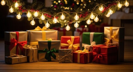 Gorgeous Christmas presents under sparkling lights, ready for holiday cheer and gift giving, perfect for festive promotions and seasonal sales