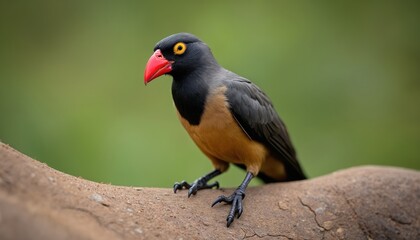 Close up shot of a red-billed oxpecker bird perched on a log. The bird has dark grey and tan plumage with a bright red beak and yellow eyes. Its taloned feet grip the textured wood surface.
