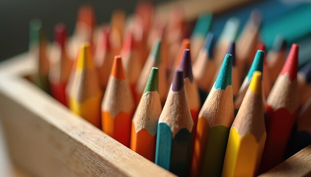 Wooden box filled with sharpened colored pencils. Multiple hues visible in group, ready for use. Creative tools for drawing, sketching, and artistic projects.