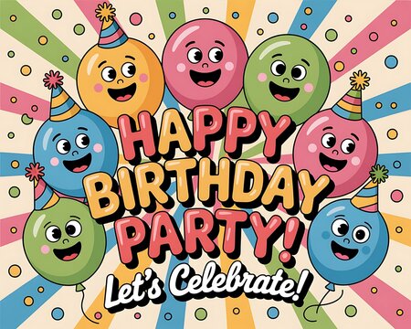 Joyful cartoon balloons with party hats and happy birthday party let s celebrate text on a colorful striped background