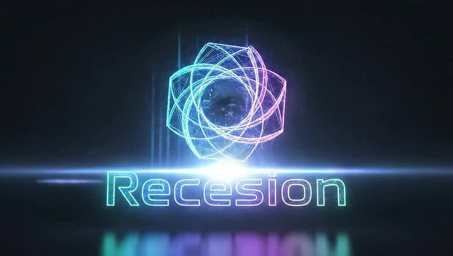 Abstract neon Recesion logo with a glowing sphere and light effects for financial decline concept