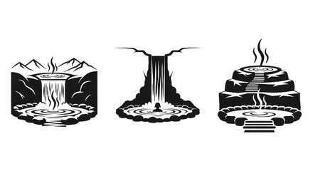 Black and white illustration depicting waterfalls hot springs and mountain scenes