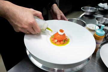 Chef meticulously plating a gourmet dish, showcasing culinary expertise