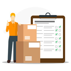 Delivery person checking and organizing parcel packages. Inventory control concept. Warehouse management, managing incoming and outgoing goods