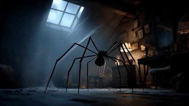 Oversized spider cartoon in dusty attic dramatic moonlight