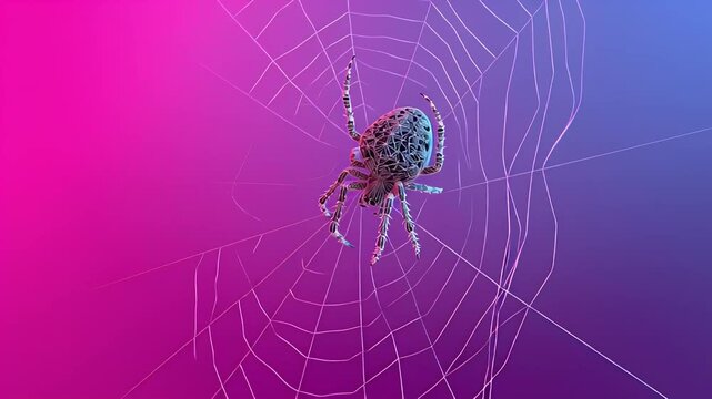 Geometric spider cartoon on web with neon gradient background