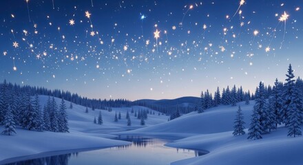 Magical winter wonderland with sparkling stars falling over snow covered landscape and reflecting in calm river, bringing peaceful Christmas atmosphere