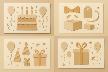 Playful celebration elements including birthday cake, balloons, gift boxes, and festive decorations in earthy tones embodying joy and anticipation for special occasions