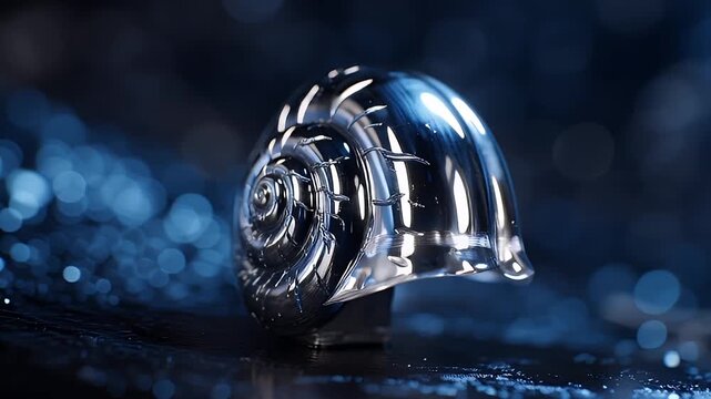 Futuristic metallic circle seashell close up abstract dark blue render