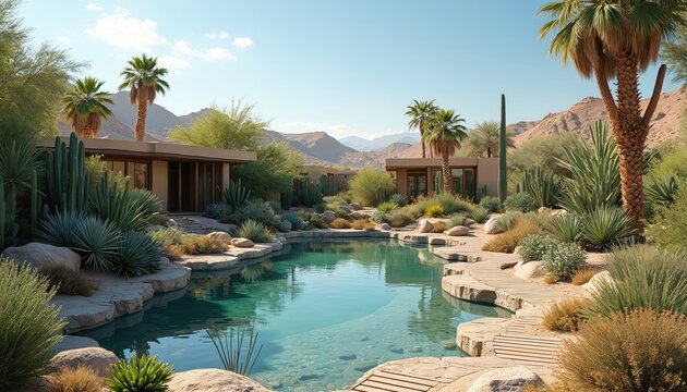 Desert resort with modern homes surrounds clear blue water pond. Rich green plants grow around stone paths. Palm trees and arid mountains create scenic background. Peaceful luxury oasis.