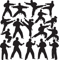 Fototapeta premium Silhouette Collection of Karate Fighters in Various Martial Arts Poses Keywords: karate, silhouette, martial arts, fighter, warrior, combat, action, pose, kick, punch, on transparent background