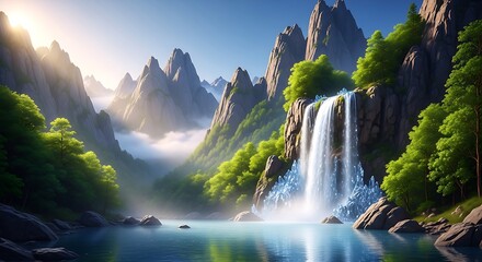 Majestic waterfall cascades down a lush green mountain cliff face into a serene crystal clear lake surrounded by dramatic rock formations and misty valleys under a bright blue sky