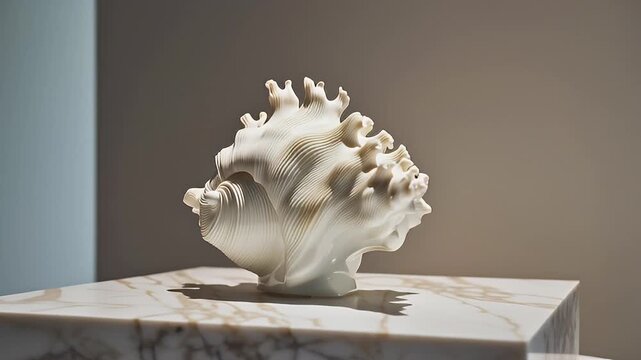 Majestic white circle seashell sculpture on marble pedestal