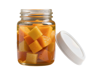Preserved orange pumpkin chunks in a clear glass jar