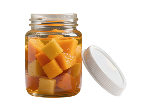 Preserved orange pumpkin chunks in a clear glass jar