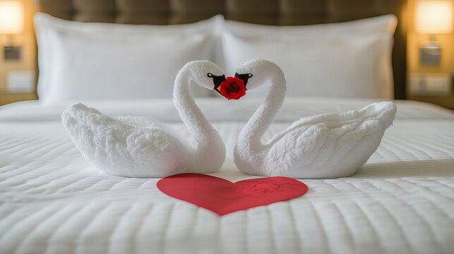 Romantic towel swans with red rose heart on elegant honeymoon bed decor - Powered by Adobe