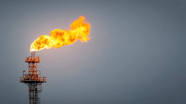 Industrial gas flare torch burning bright orange flame on flare stack at energy plant, smoky plume against moody grey sky, safety structure visible