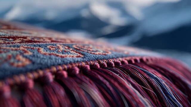 Detailed close-up of a flying magic carpet over snowy mountains