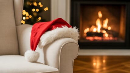 Cozy christmas scene featuring a santa hat resting on a sofa beside a warm fireplace with blurry festive lights