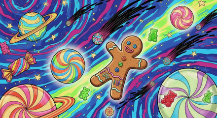 Whimsical candy wonderland featuring gingerbread man, gummy bears, lollipops and planets creating a fun, playful and delicious cosmic adventure
