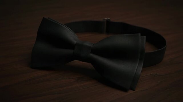 Black bow tie placed neatly on wooden table, elegant formal tie fashion background, wedding bow tie accessory still life, formal wear detail, mens style concept, groom bow tie idea search