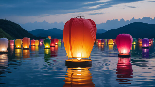Floating lanterns on water at night with mountains in the background