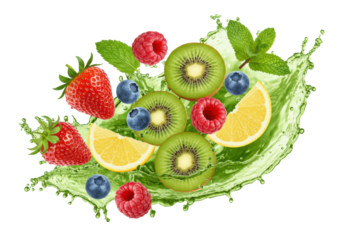 dynamic explosion of dewy strawberries, kiwi, lime, and mint suspended in a vibrant green juice splash, captured with dramatic rim light against a brilliant white background, concept for beverage