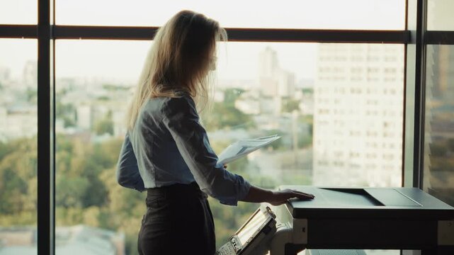 Professional With Paperwork At Printer. Copy Machine Usage, Document Management