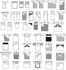 A comprehensive set of top-view vector icons illustrating various bed types, sizes, and bedding layouts for architecture and interior design plans.