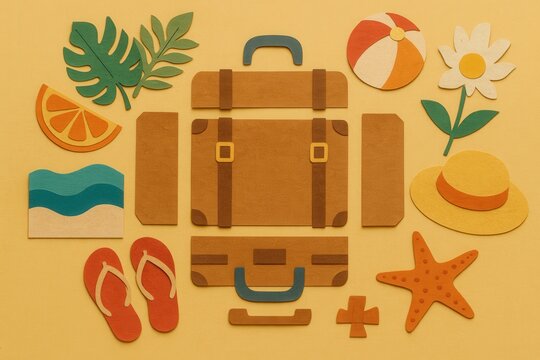 Colorful travel essentials arranged on a vibrant yellow background including suitcase beach items and tropical elements expressing the essence of summer adventures