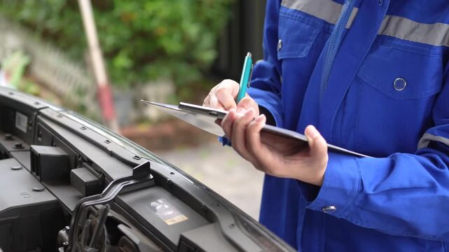 Action of a car service technician is checking on vehicle inspection checklist form during perform the maintenance job. Close-up and selective focus.