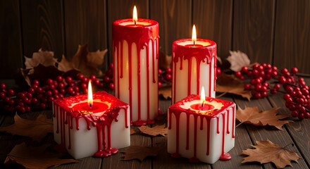 Blood Drip Halloween Candles on Rustic Autumn Leaves Still Life