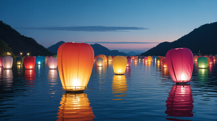 Floating sky lanterns on the water at night during the lantern festival