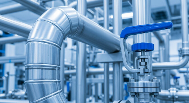 Closeup of industrial stainless steel pipes and valves in a factory, highlighting intricate plumbing and engineering