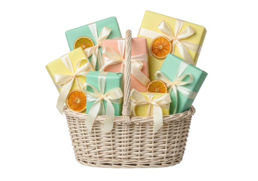 Basket full of pastel gift boxes with dried orange slices isolated PNG, presents for holidays and special occasions on transparent background
