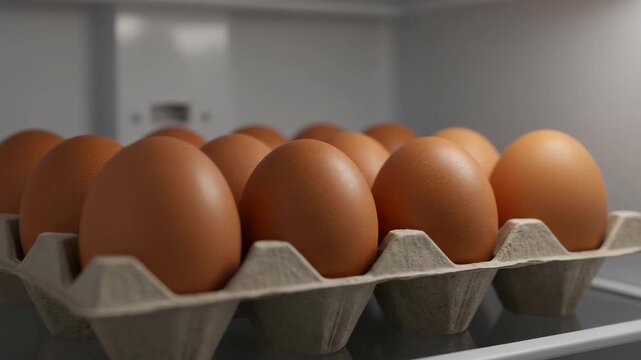 Eggs in carton on refrigerator shelf, fresh eggs food storage, supermarket eggs choice, healthy breakfast ingredient, cooking recipe ideas, grocery shopping video, kitchen fridge organization