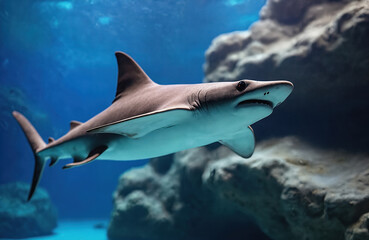 ray swims in deep blue ocean water. Large fish moves near rocky seabed. Aquatic animal explores its habitat, showcasing marine life and underwater ecosystem.